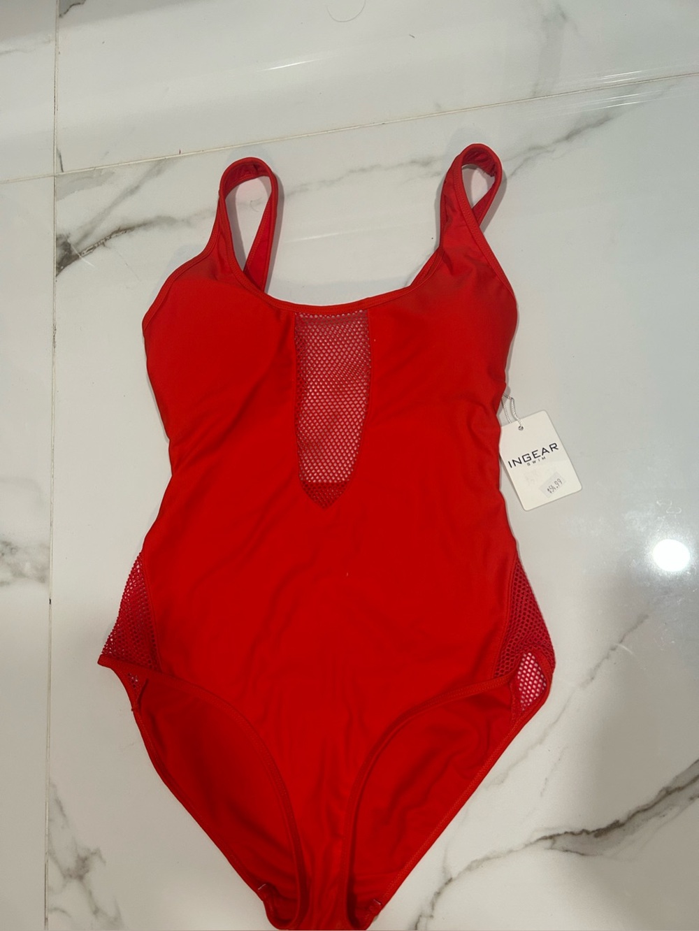 NWT Ingear Bright Red Orangee One-Piece Low Back Swimsuit with Mesh Insets L